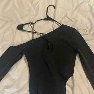 Bodysuit leather asymmetrical keyhole one shoulder metal chain detail one piece